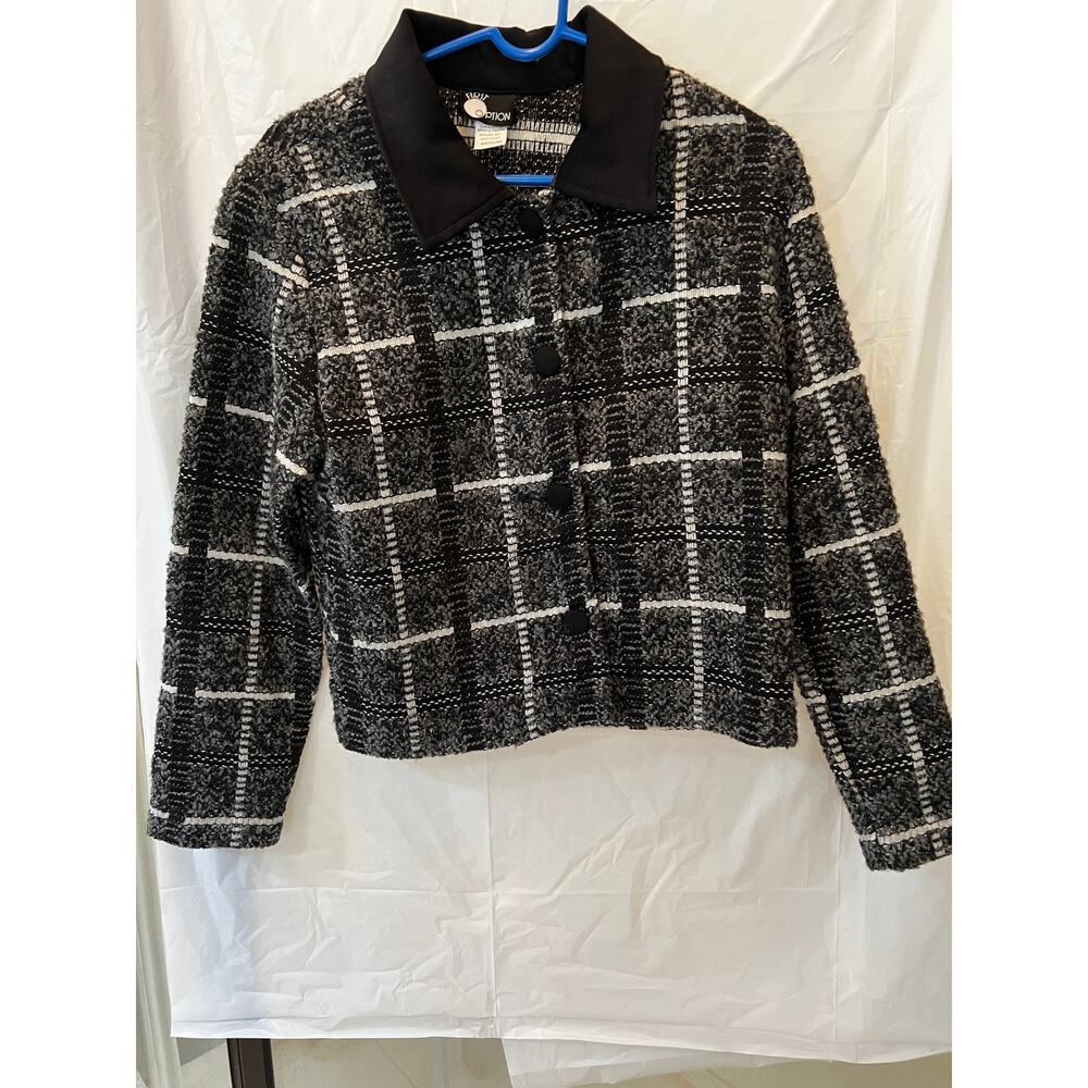 First Option Ladies Jacket Black & White Velvet Collar Button Front 0069